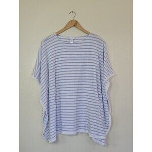 J Jill Striped 100% Linen Fringe Poncho Top Womens Size M/L Blue White Pullover